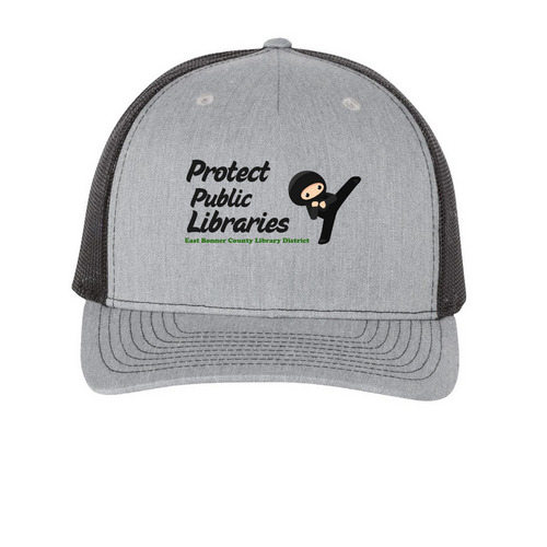 Protect Public Libraries, a Heather Grey/ Black Printed Five-Panel Trucker Cap