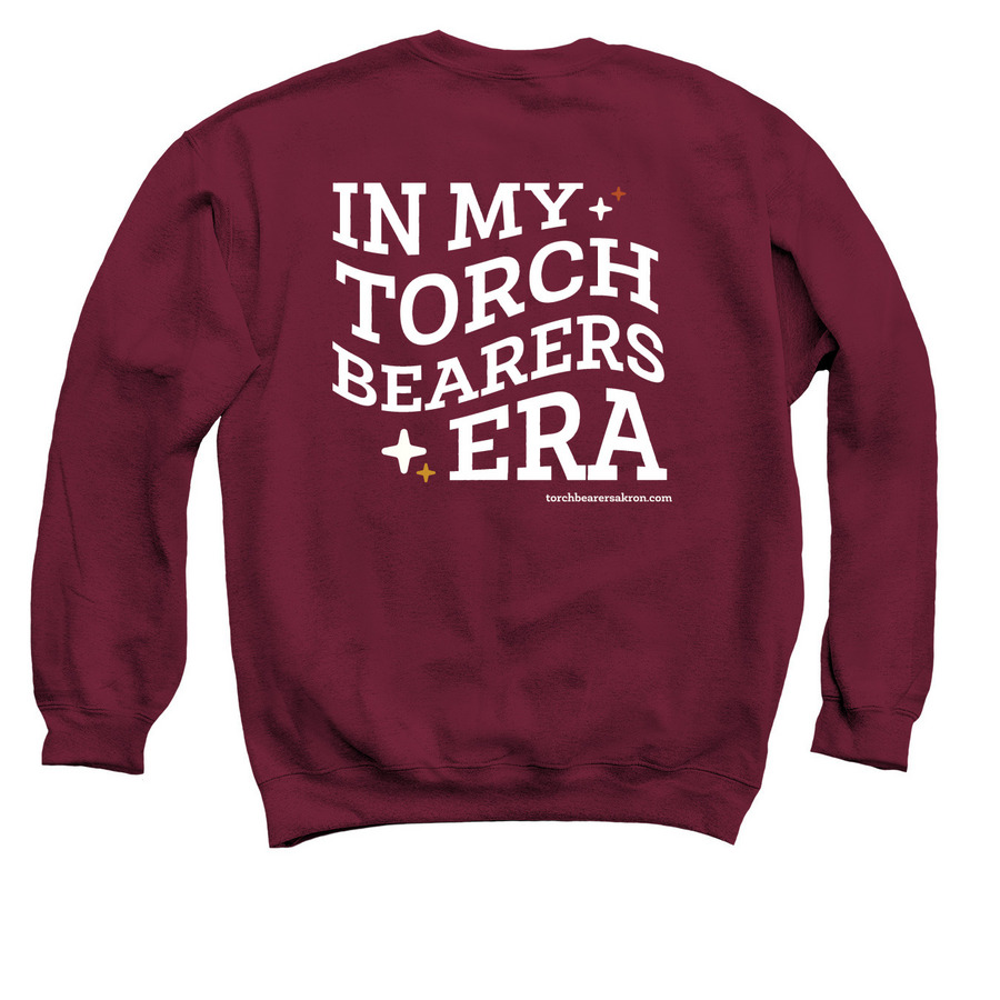 TB Era - BACK, White, a Maroon Crewneck Sweatshirt (back-view)