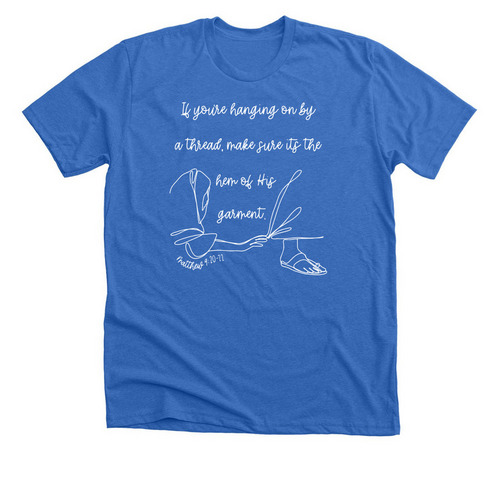 Hanging On By a Thread, a Heather True Royal Premium Unisex Tee