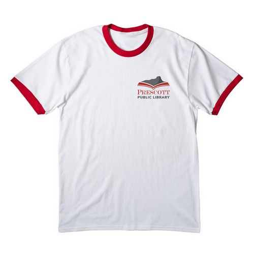 Prescott Public Library Shirts - Trad Logo, a White/ Red Cotton Ringer Tee