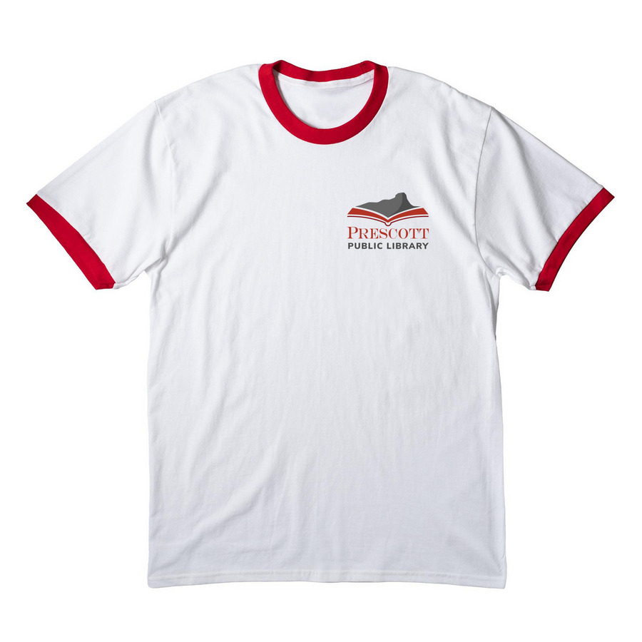 Prescott Public Library Shirts, a White/ Red Cotton Ringer Tee
