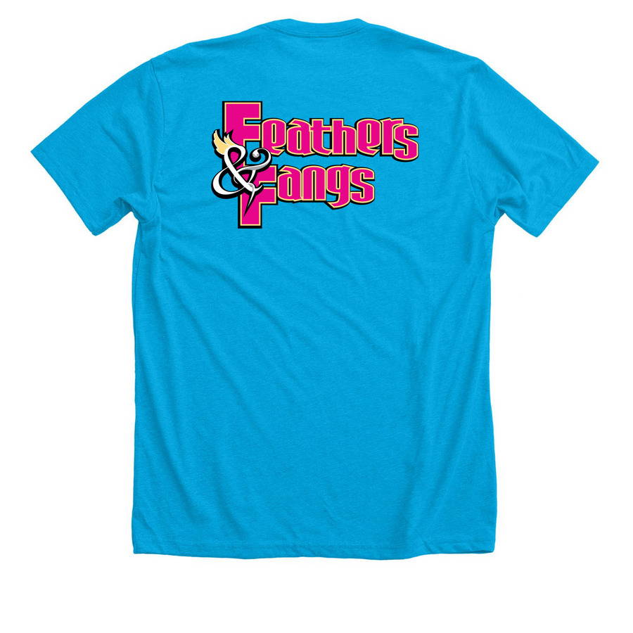 Feathers & Fangs FF Logo, a Neon Blue Premium Unisex Tee (back-view)