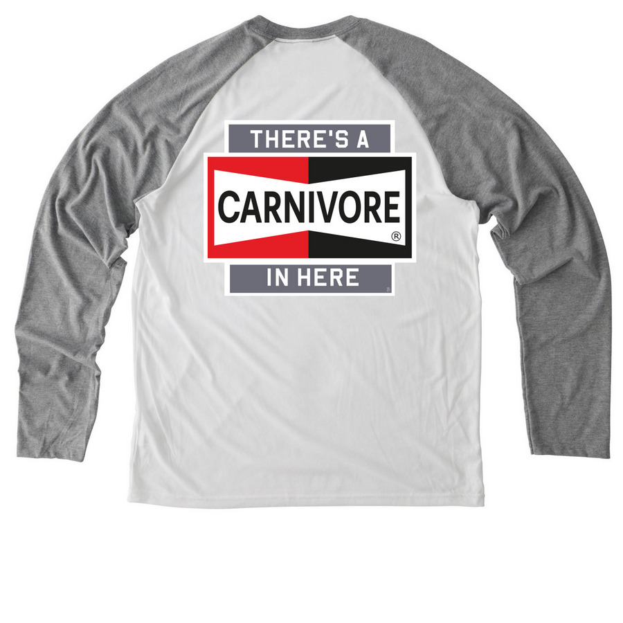 THERE'S A CARNIVORE IN HERE (2-sided print), a Aluminum Grey/ Bright White Allmade Eco Triblend Colorblock Raglan Long Sleeve Tee (back-view)