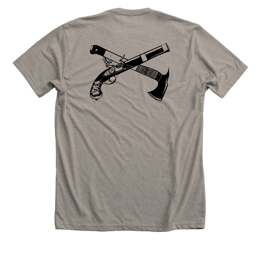 Color Flag Front / Hatchet and Flintlock Back, a Heather Stone Premium Unisex Tee (back-view)