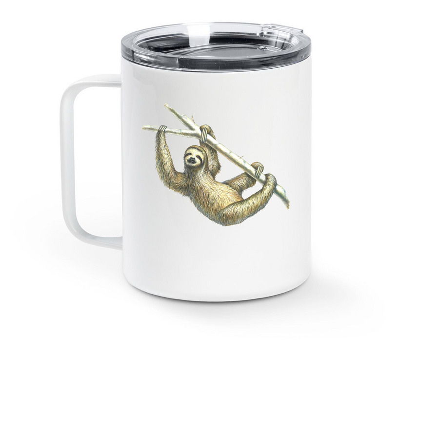 Stainless Steel Sloth Mug, a White Stainless Steel Travel Mug (back-view)
