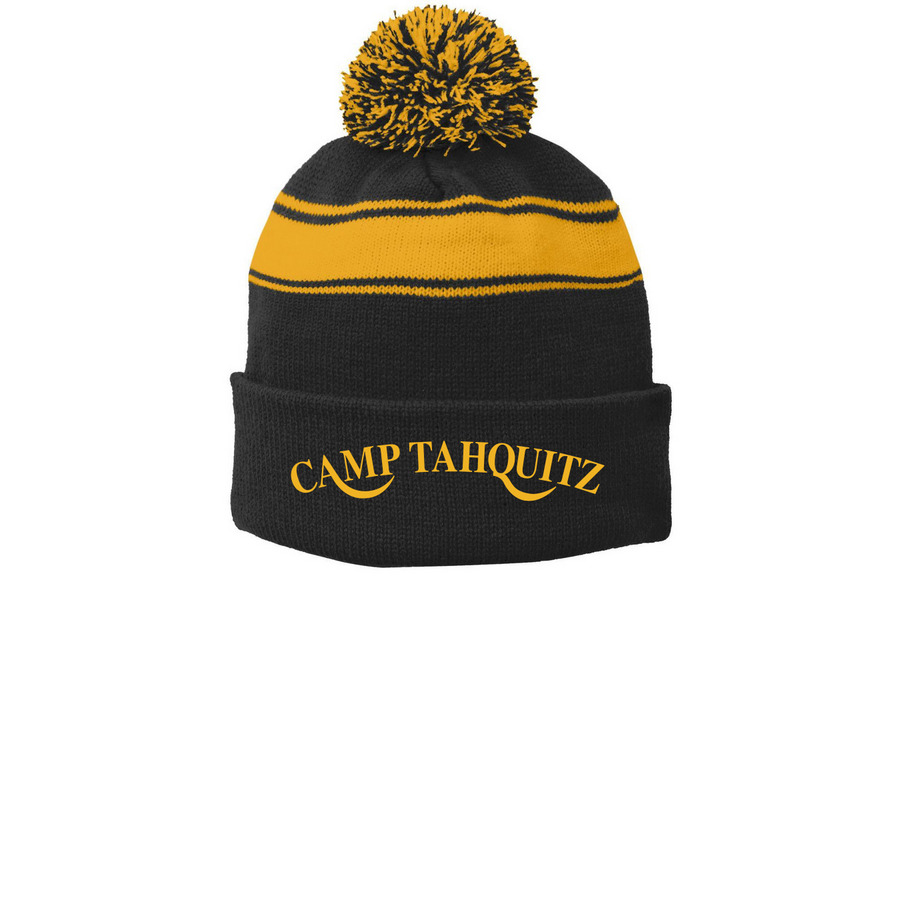 Tahquitz Poof Beanie, a Black/ Gold Printed Stripe Pom-Pom Beanie