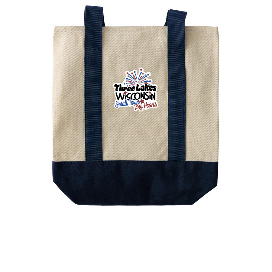 Holiday Weekend Tote Bags, a Natural/Navy Two-Tone Grocery Tote Bag (back-view)
