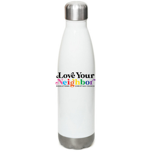 Love Your Neighbor Rainbow Water Bottle, a White Stainless Steel Water Bottle