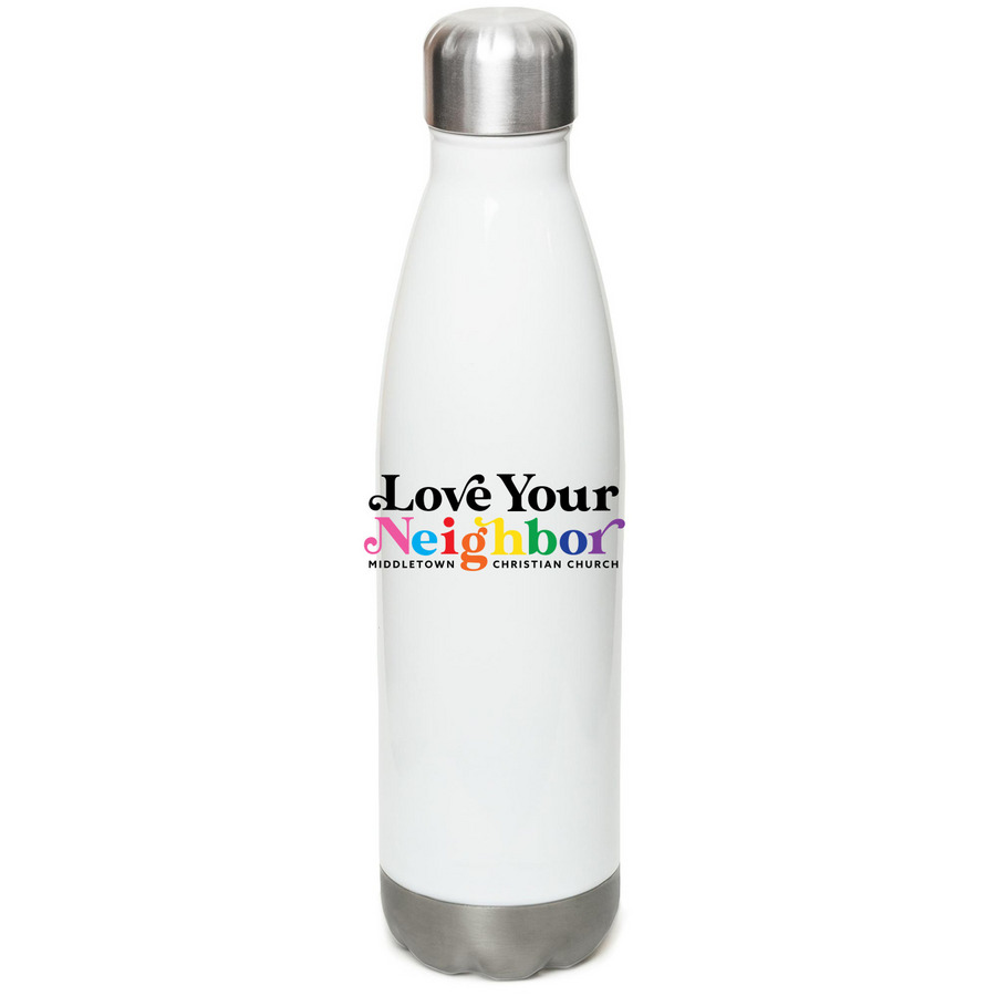 Love Your Neighbor Rainbow Water Bottle, a White Stainless Steel Water Bottle