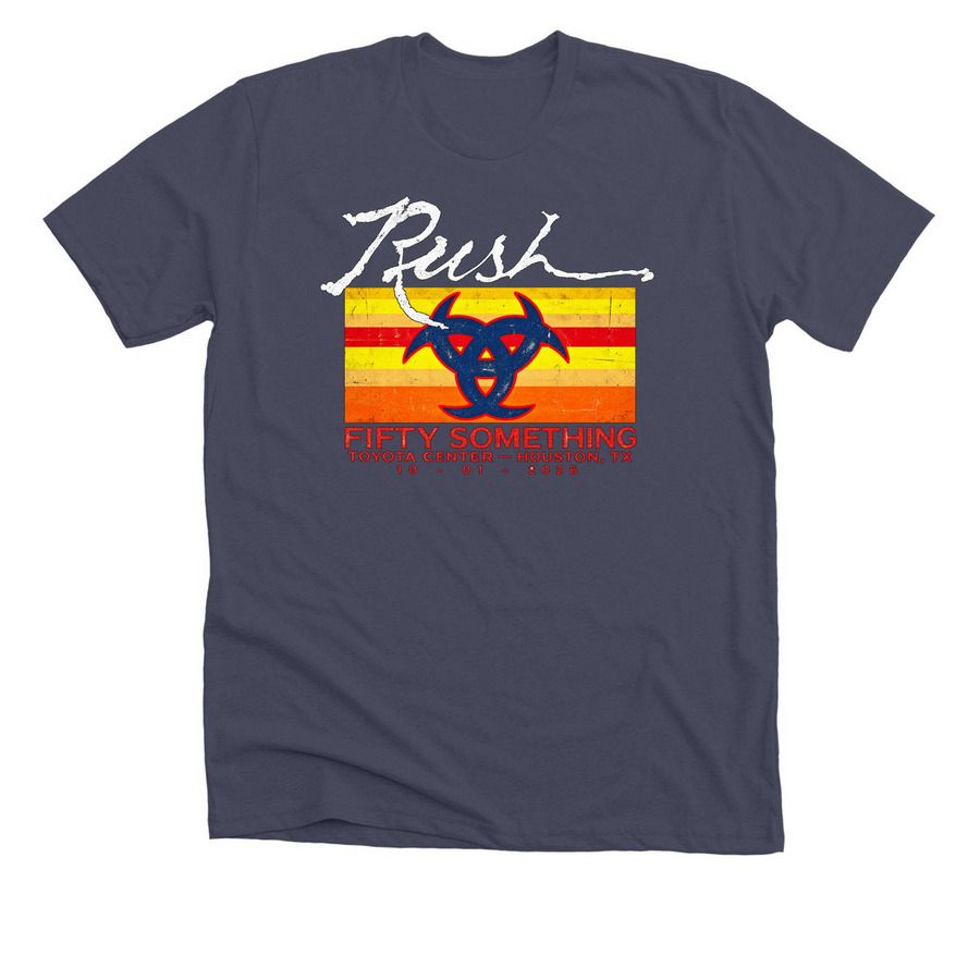 Rush Houston TX Event Tee At Toyota Center In, a Heather Midnight Navy Premium Unisex Tee