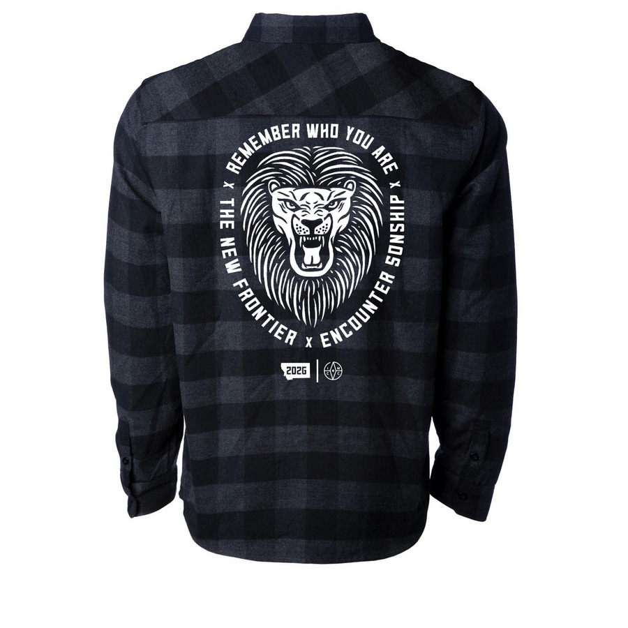 Lion (White Logo) - 2026 Exclusive, a Charcoal Heather/ Black Unisex Flannel Shirt (back-view)