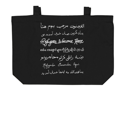 "Refugees Welcome Here", a Black Large Organic Cotton Tote Bag