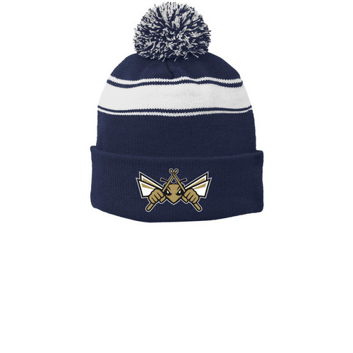 Winter Drumline PomPom Beanie&nbsp;, a True Navy/ White Printed Stripe Pom-Pom Beanie