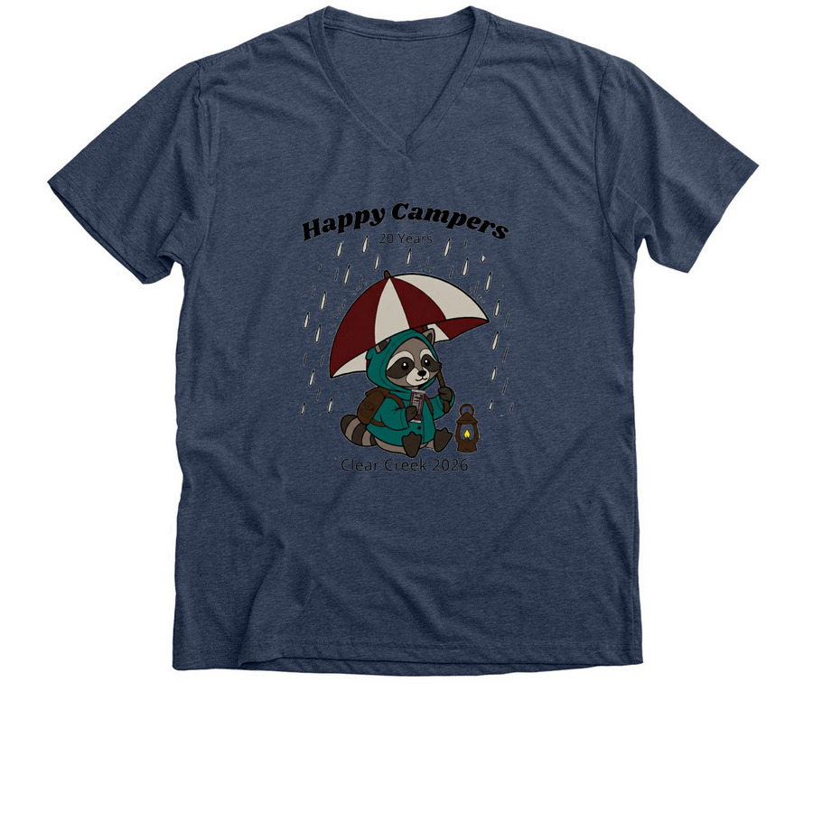 20 Years of Happy Campers 2026&nbsp;, a Heather Navy Premium V-Neck Tee