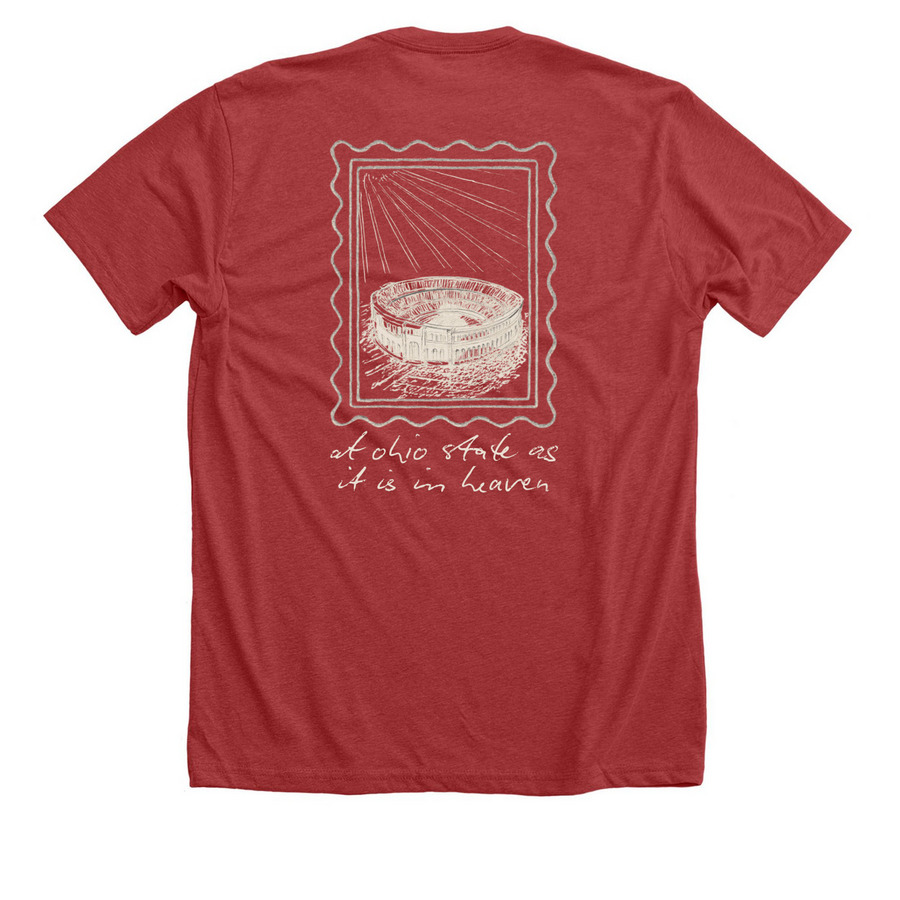 The Crimson Stamp Collection, a Heather Canvas Red Premium Unisex Tee (back-view)