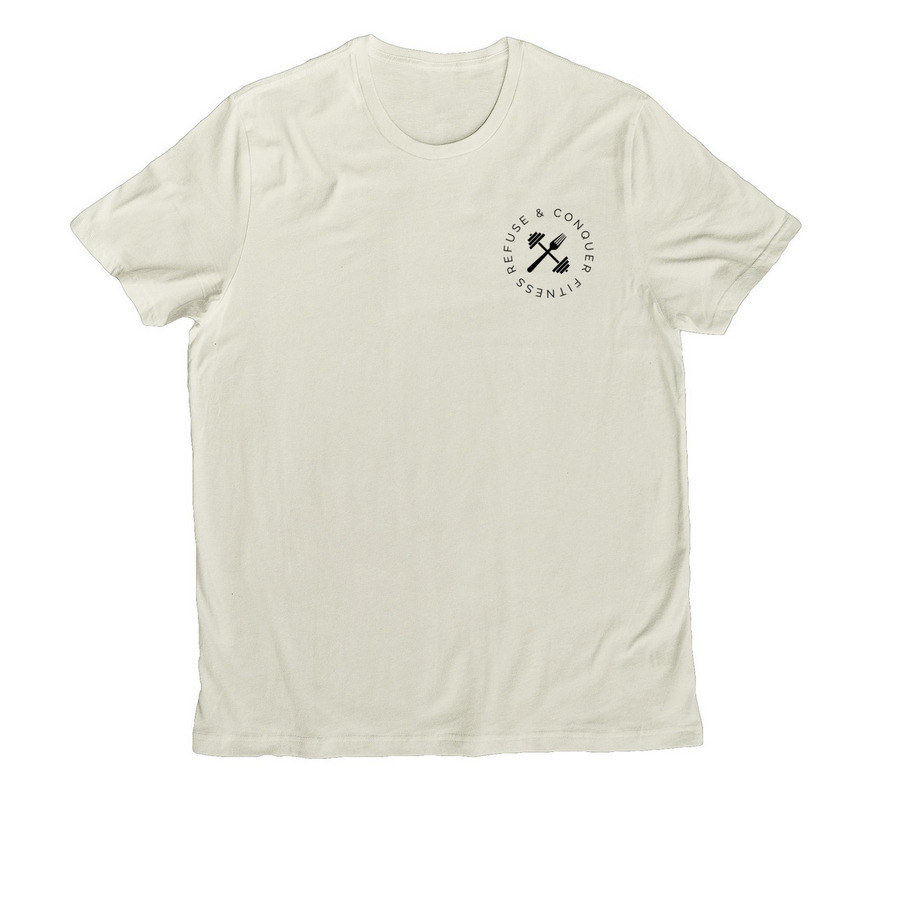 Small Refuse and Conquer front logo, a White Sand Allmade Organic Cotton Unisex Tee