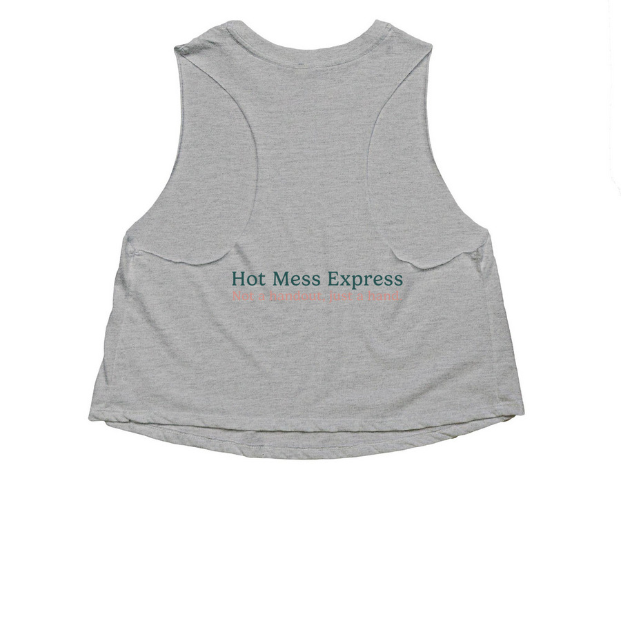 Anniversary Collection | No Judgment, a Athletic Heather Women's Cropped Racerback Tank (back-view)