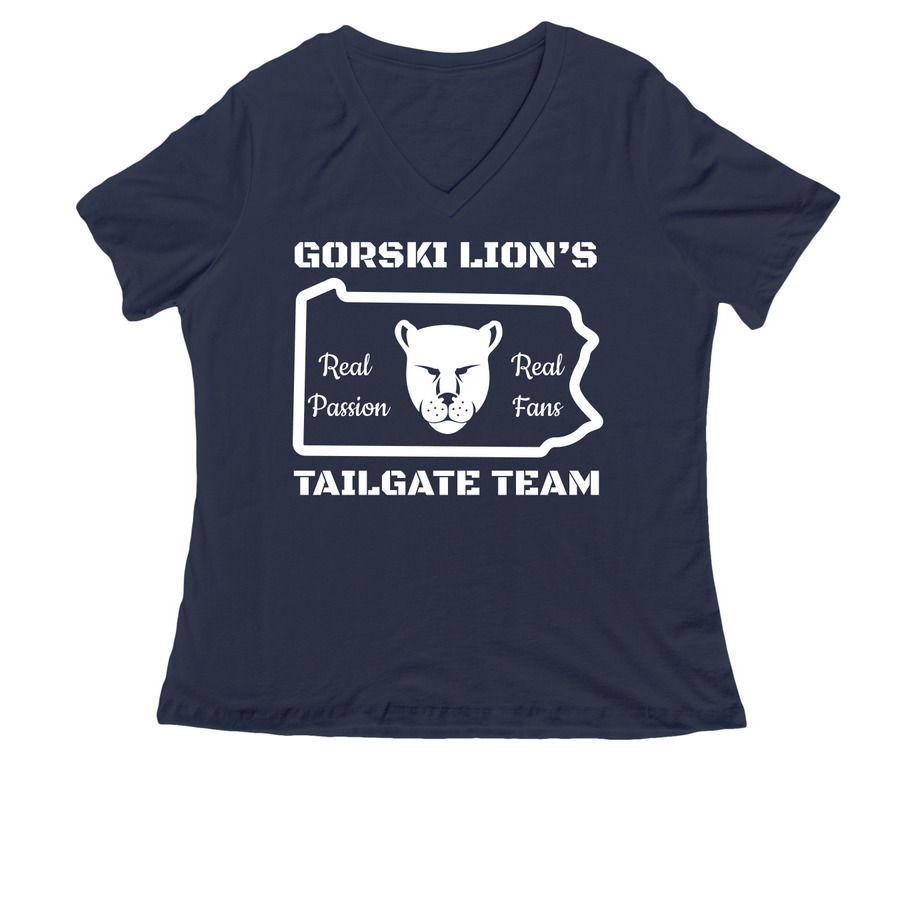 Gorski Lion?s Tailgate Team!, a Navy Women's Relaxed V-Neck Tee
