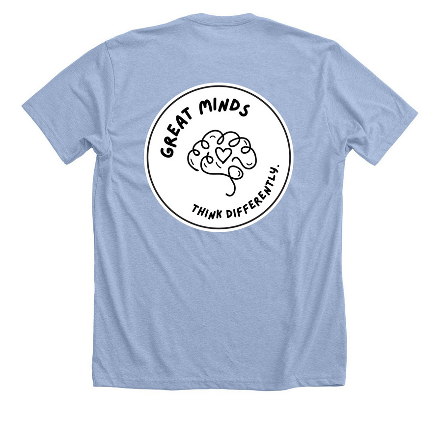 Great minds with pocket circle, a Heather Baby Blue Premium Unisex Tee (back-view)