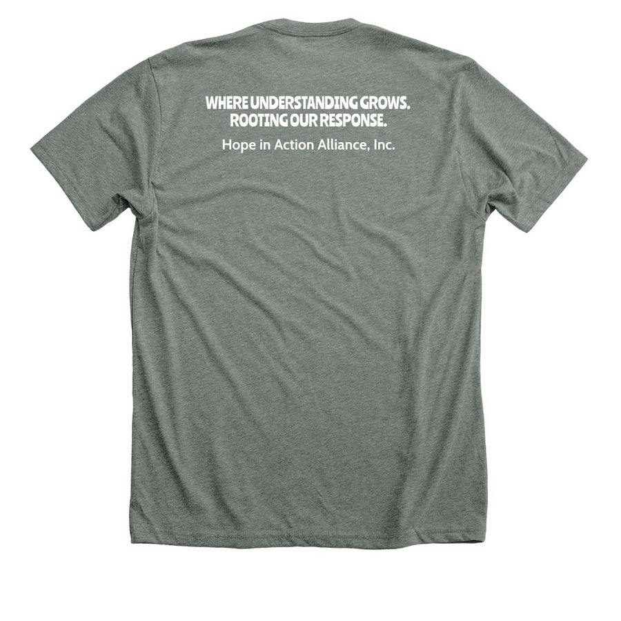 Rooting Our Response Appalachia (RORA), a Deep Heather Premium Unisex Tee (back-view)