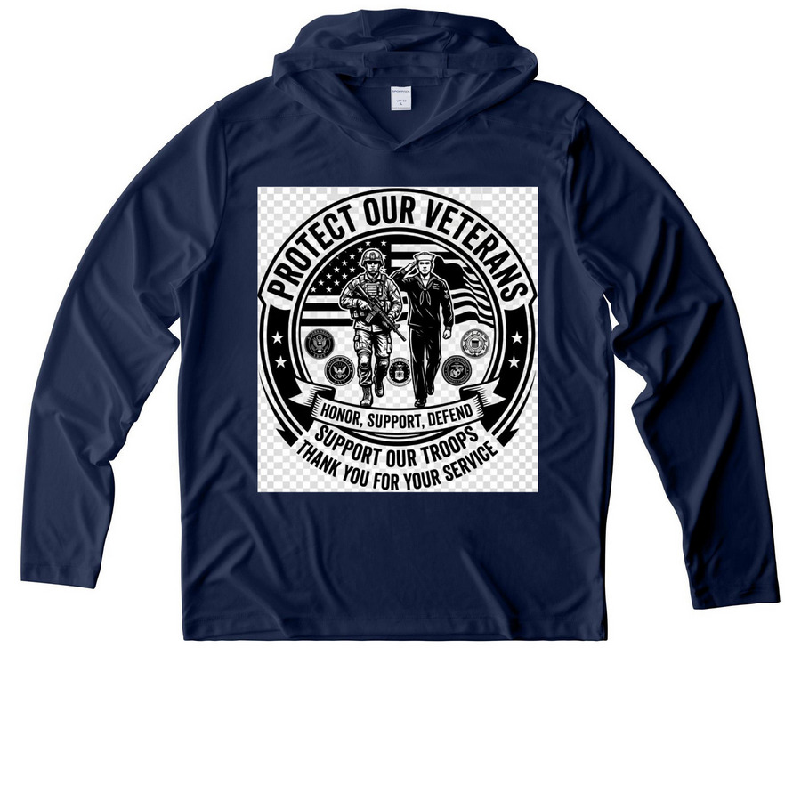 Protect Our Veterans, a True Navy UV Performance Long Sleeve Hoodie