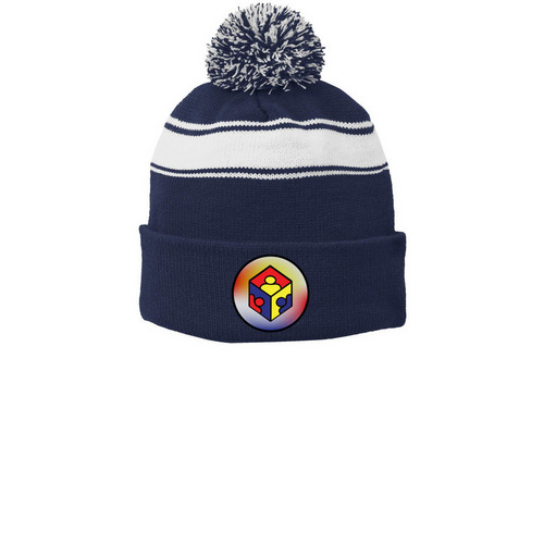 Crayon Pom-Pom Beanie, a True Navy/ White Printed Stripe Pom-Pom Beanie