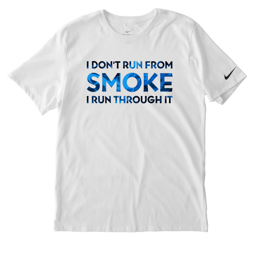 ALL THE SMOKE - BLUE FLAMES, a White Nike Dri-FIT Jersey Blend Performance Tee