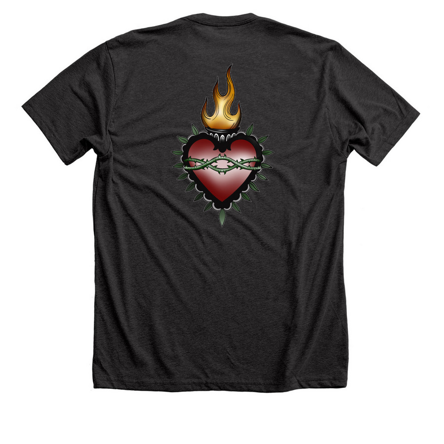 SACRED, a Dark Grey Heather Premium Unisex Tee (back-view)