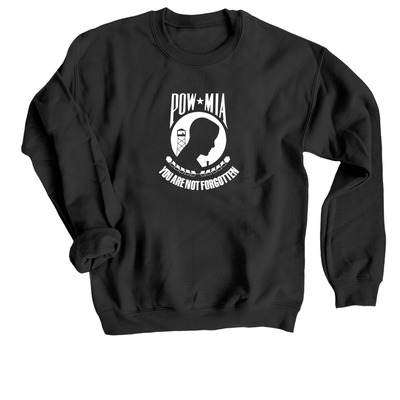 POW/MIA Shirts (White), a Black Crewneck Sweatshirt