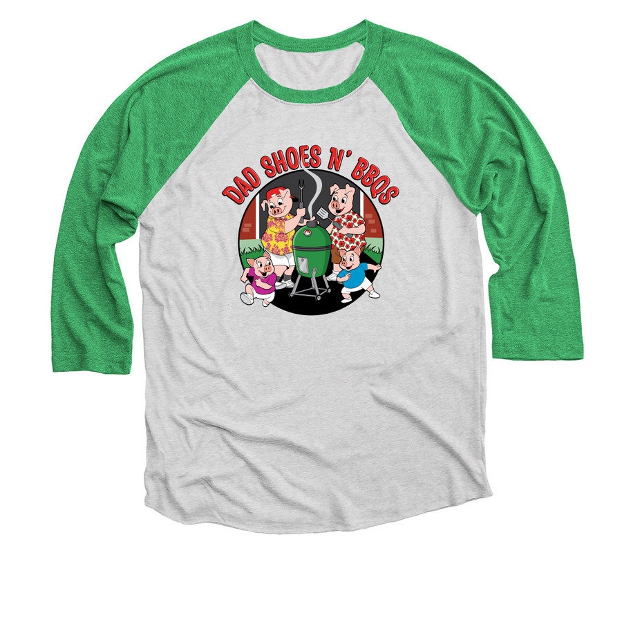 Dad Shoes N BBQs Original Logo 3/4 Sleeve, a Envy and Heather White 3/4 Sleeve Baseball Tee