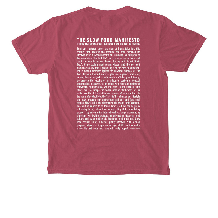 Slow Food Manifesto Pocket Tee, a Crimson Comfort Colors Pocket Tee (back-view)