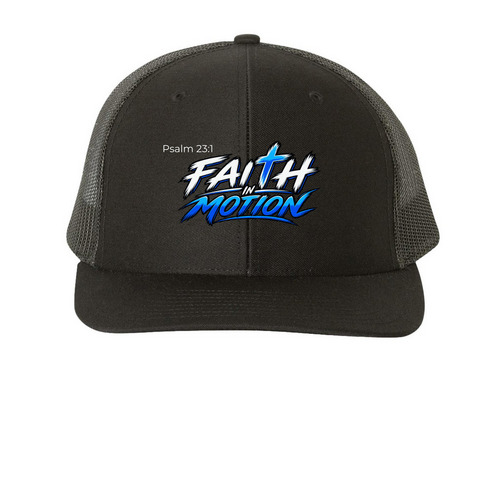 Faith in Motion Trucker Hat ? Psalm 23:1, a Black Printed Snapback Trucker Cap