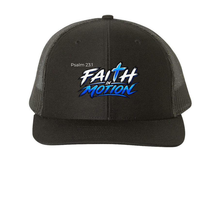 Faith in Motion Trucker Hat ? Psalm 23:1, a Black Printed Snapback Trucker Cap