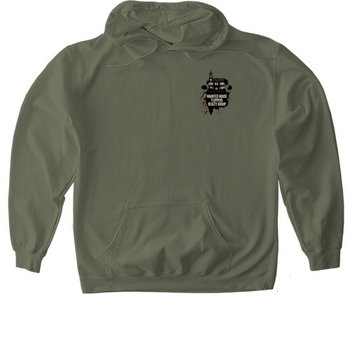 Haunted House Flippers Hoodie, a Military Green Gildan Softstyle Pullover Hoodie