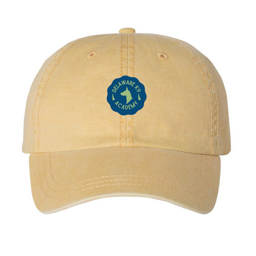 Navy Logo Hats, a Mustard Printed Pigment Dye Baseball Cap