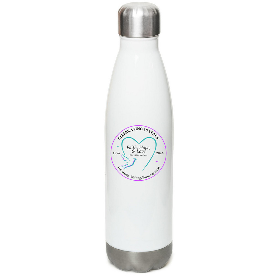 Celebrating 30 Yrs, Teal Logo, Water Bottle, a White Stainless Steel Water Bottle