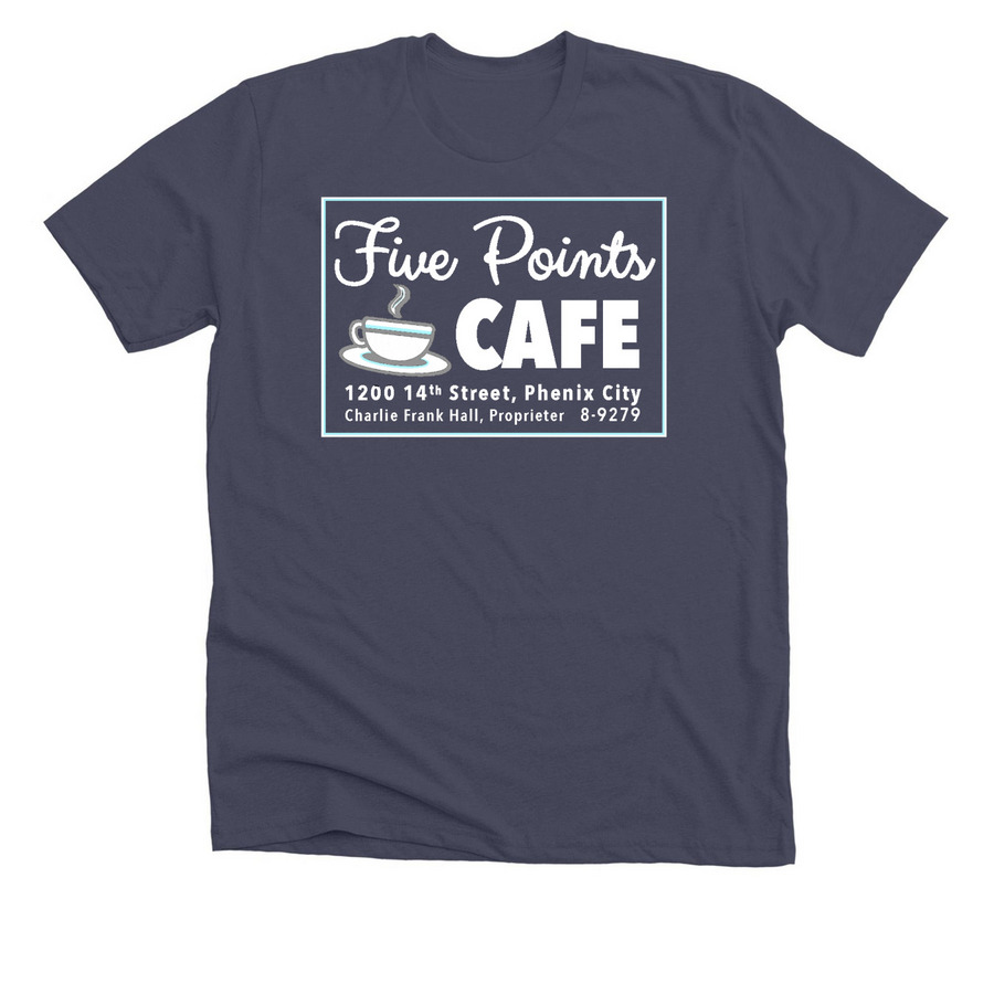 Five Points Cafe front only, a Heather Midnight Navy Premium Unisex Tee