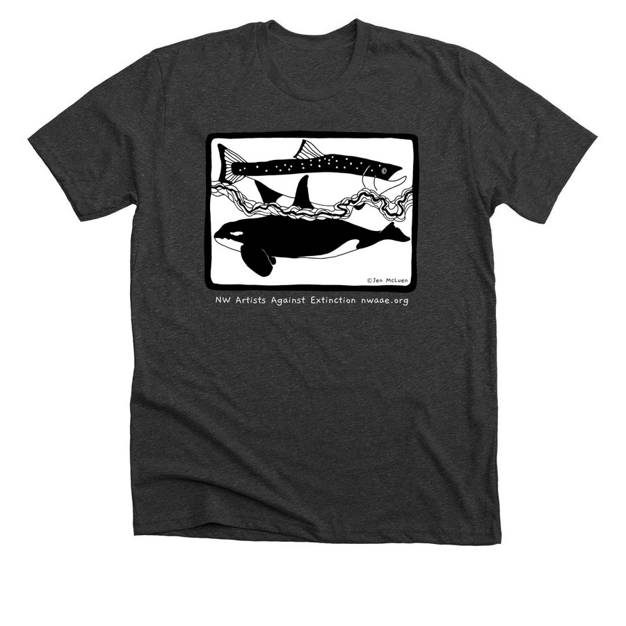 Salmon and Orca by Jen McLuen, a Dark Grey Heather Premium Unisex Tee