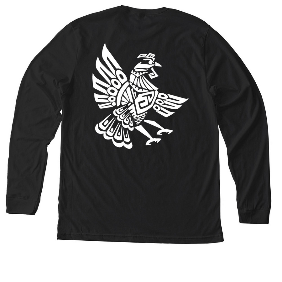 Pushing Positivity for Homeless Migrant Aid, a Solid Black Blend Premium Long Sleeve Tee (back-view)