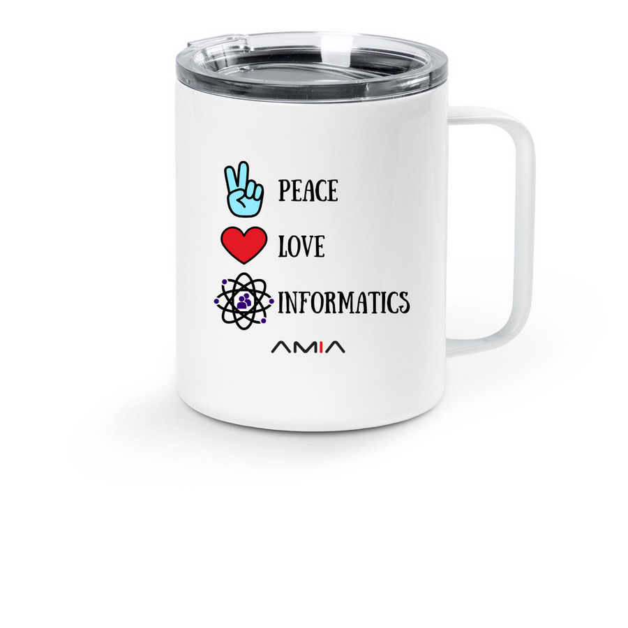 Peace, Love, Informatics, a White Stainless Steel Travel Mug