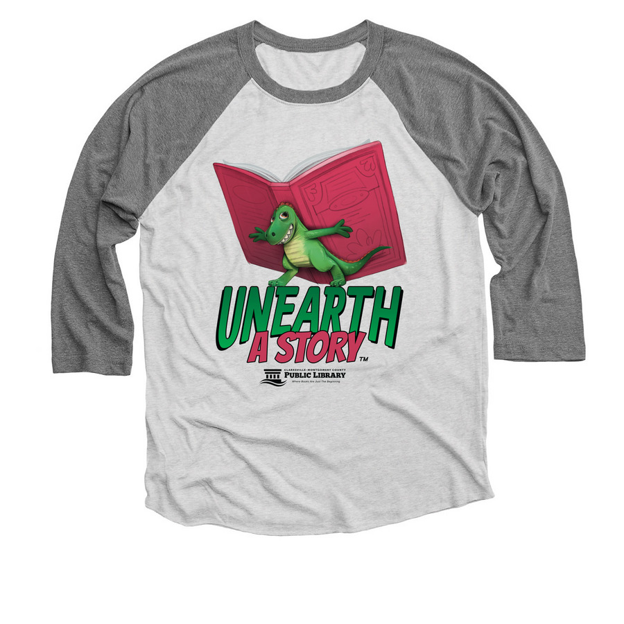 Summer Reading 2026 - T-Rex, a Premium Heather and Heather White 3/4 Sleeve Baseball Tee