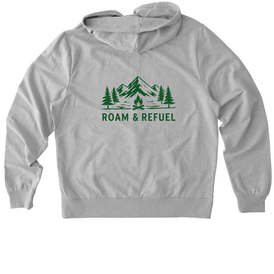 Roam & Refuel Bonfire, a Granite Grey Heather Allmade Organic French Terry Zip Up Hoodie (back-view)