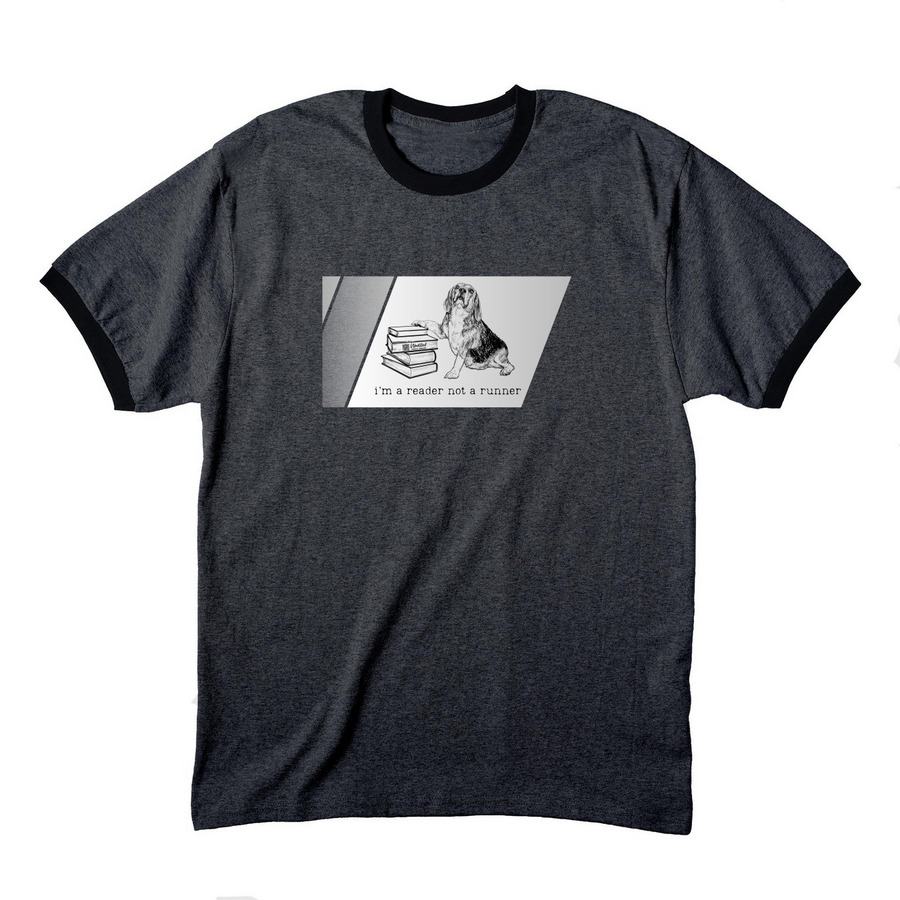 I'm a Reader Not a Runner, a Dark Heather Grey/ Jet Black Cotton Ringer Tee