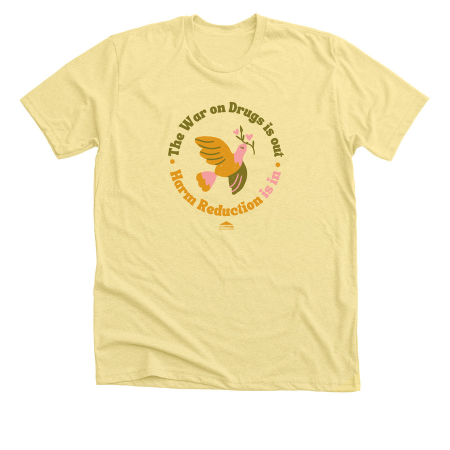 The War on Drugs is Out. Harm Reduction is in., a Heather Yellow Gold Premium Unisex Tee
