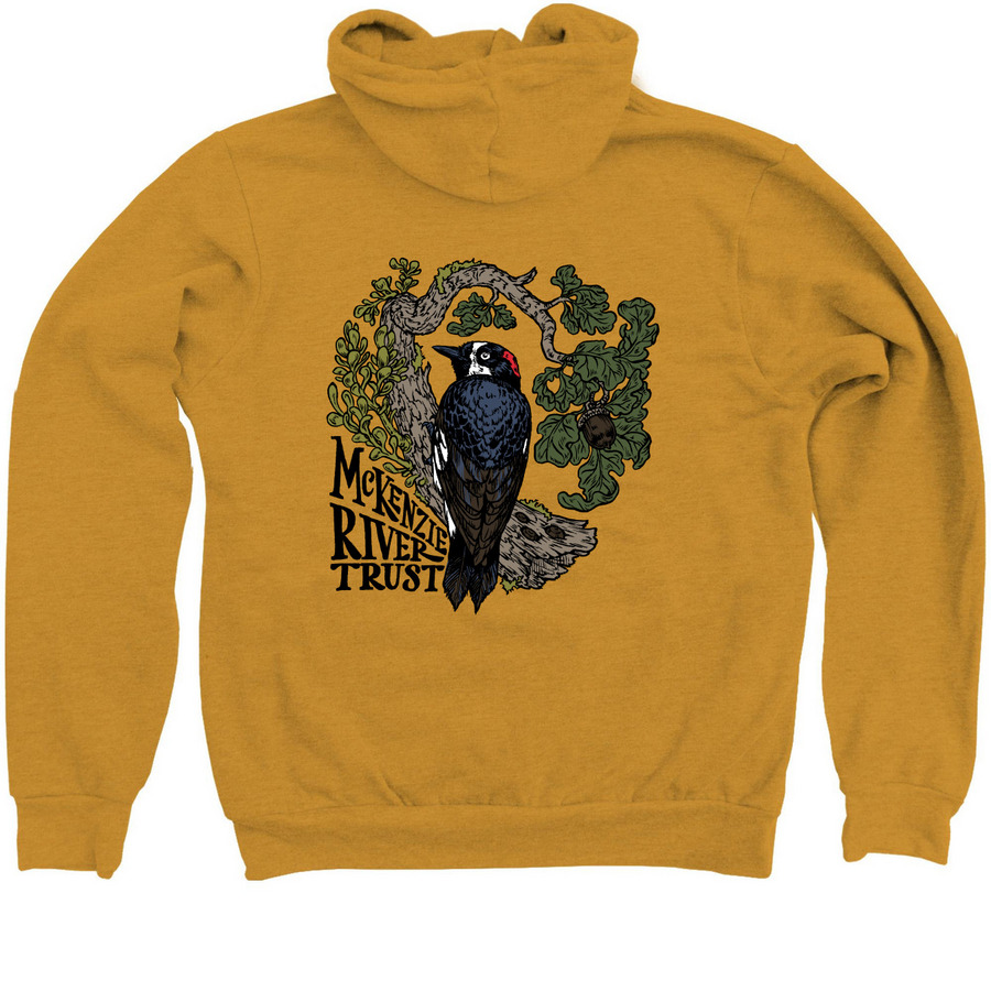 Acorn Woodpecker Hoodie, a Heather Mustard Zip Up Hoodie (back-view)