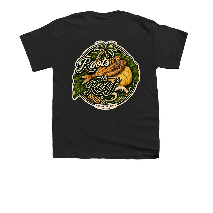Fish & kon, a Black Youth Unisex Tee (back-view)