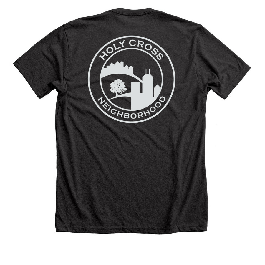 Holy Cross Neighborhood, a Dark Grey Heather Premium Unisex Tee (back-view)