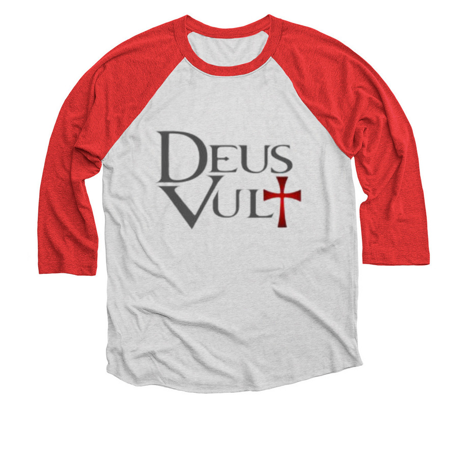 Deus Vult, a Red and Heather White 3/4 Sleeve Baseball Tee