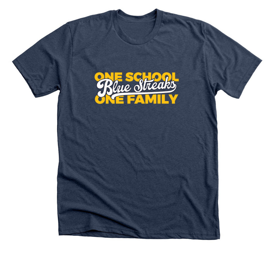 One School. One Family., a Heather Navy Premium Unisex Tee