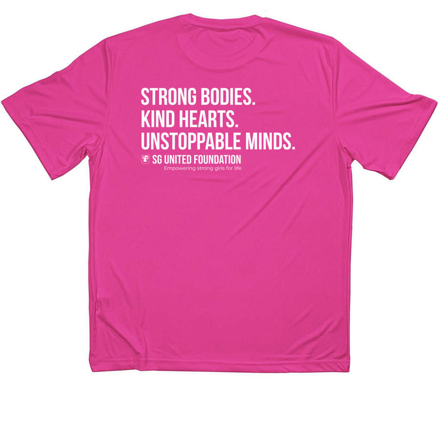 Signature Pink SGU Shirt, a Neon Pink Classic Performance Tee (back-view)